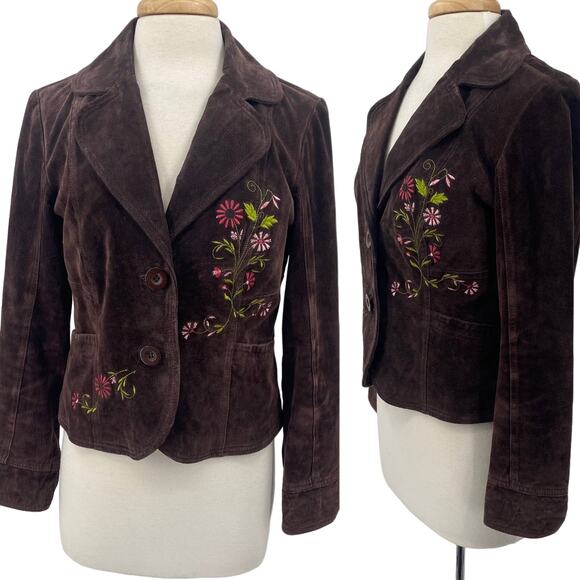Y2K Suede Leather Jacket Floral Embroidery Front Button Down Brown Womens Medium - Picture 1 of 12